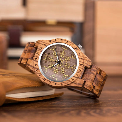 BOBO BIRD Viking Wooden Men Watch with Helm of Awe Unique Runic Circle Vegvisir Valknut Custom Wristwatch Norse Symbol Watches