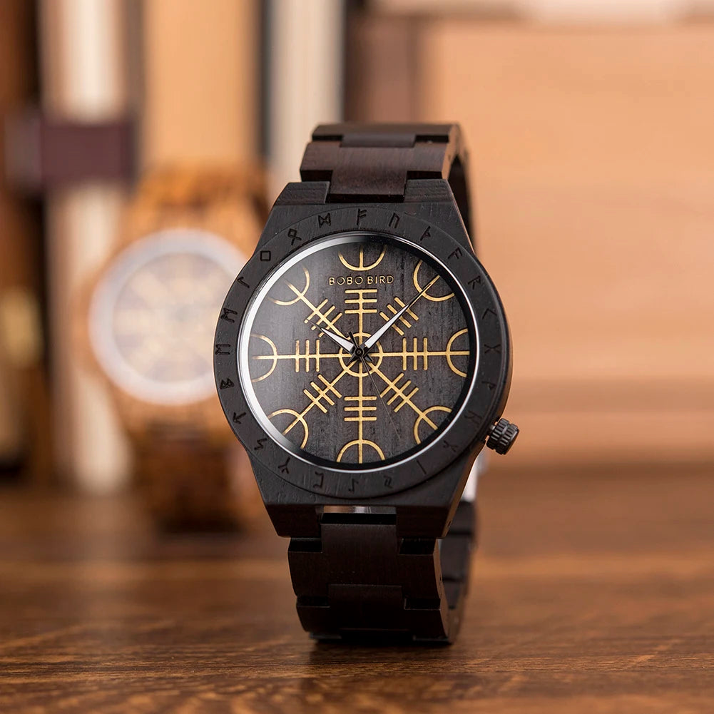 BOBO BIRD Viking Wooden Men Watch with Helm of Awe Unique Runic Circle Vegvisir Valknut Custom Wristwatch Norse Symbol Watches