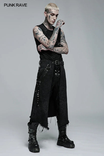 PUNK RAVE Men's Gothic Dark Textured Printed Stylish Kilt Decorated Which Is Detachable Leather Loop Party Club Men Skirts Pants