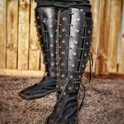 Halloween Viking Pirate Cosplay Greaves Boots Medieval Steampunk Warrior Legging Shoes Rivets Pu Kneepads Adjustable Shoe Covers