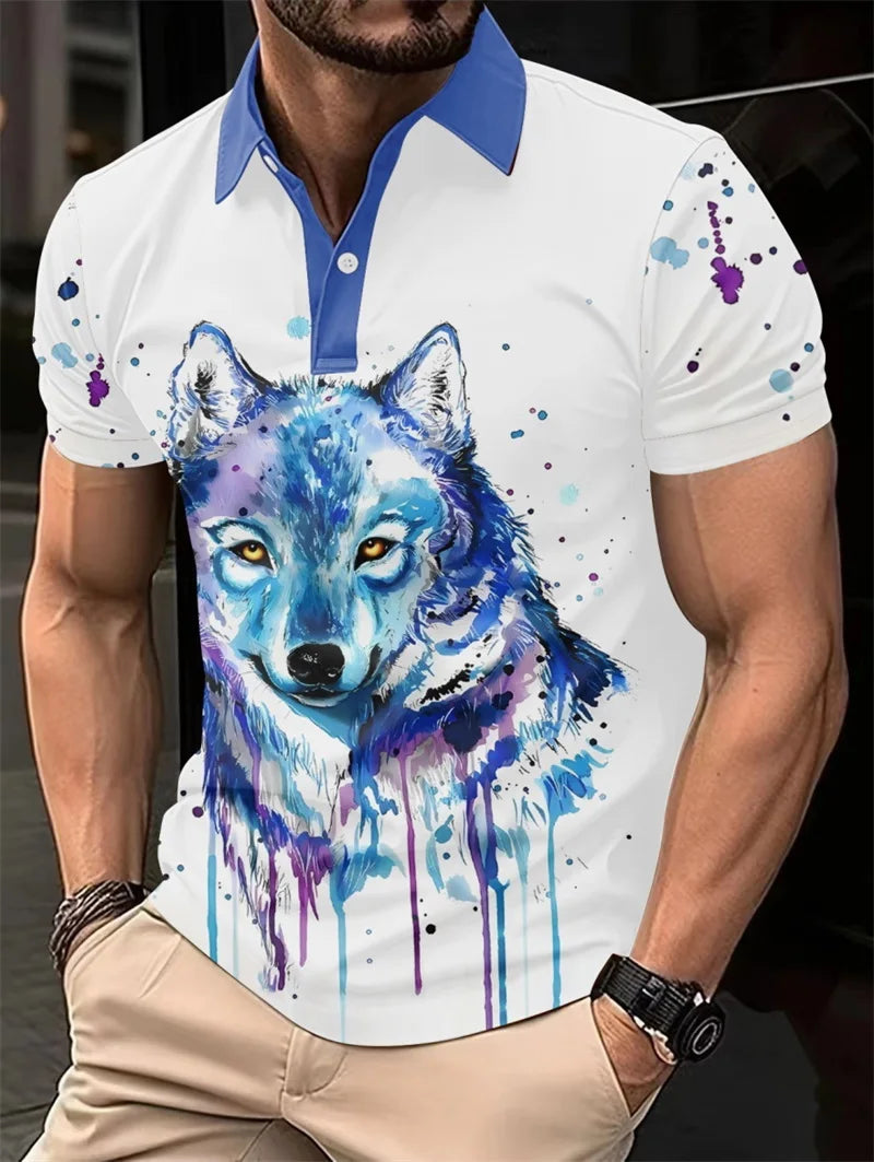 Plus Size Summer Golf Men's Casual Lapel Polo Shirt 3d Wolf Print T-shirt Fashion Clothing Breathable Short Sleeve Top