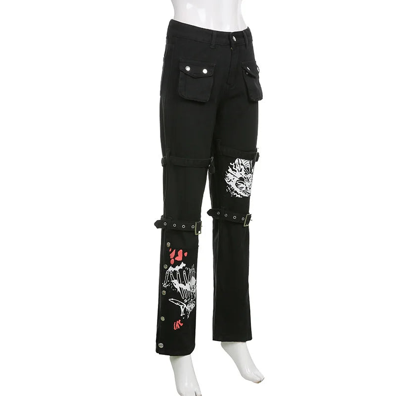 Gothic Punk Black Buckle New Pants Harajuku High Waist Big Pocket Trousers Goth Mall Grunge Cargo Pants Techwear Women