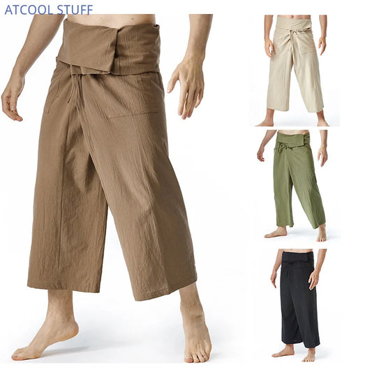 New Medieval Fisherman Linen Pants Men's Loose Yoga Pirate Harem Trousers Retro Viking Ancient God Cosplay Pants