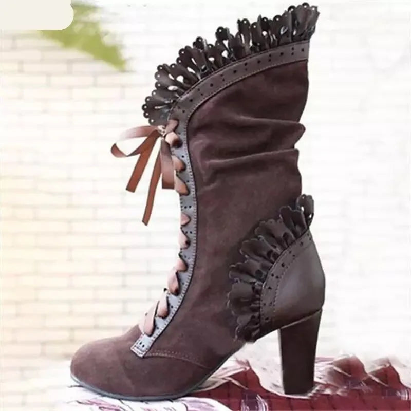 Winter Lace Up Ladies High Heel Shoes Motocycle Boot Victorian Boots Women Fashion Pointed Toe Thick Soled Short Boot 2024