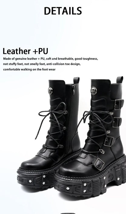 2024 New Brand Punk Style Women Shoes Lace-up Platform Shoes Woman Rock Boots Metal Decor Thick Bottom Street Shot Knight