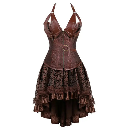 Steampunk Corset Skirt Set Sexy Gothic Leather Strap Corset Dress for Women Rave Party Outfit Halloween Pirate Costume Plus Size