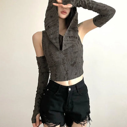 Xingqing Wasteland Crop Tops y2k Women Clothes Solid Color Sleeveless Ripped T Shirts with Arm Sleeves Goth Clothing Streetwear