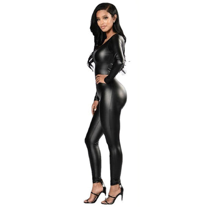 Woman PU Leather Jumpsuit Long Sleeve Catsuit Tights Cosplay Bodysuit Conjoined Pants Leotard Sexy Lingerie Club Unitard Teddies