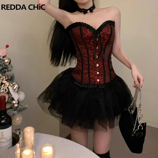 ReddaChic Overbust Corset Tulle Tutu Women 2-piece Set Hooks & Eyes Boned Lace-up Textured Tube Top Puffy Miniskirt Goth Outfits