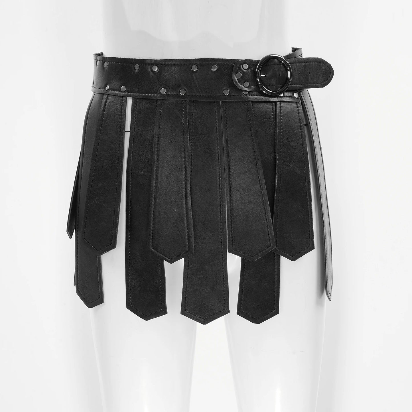 Mens Roman Patent Leather Skirts Medieval Warrior Adjustable Rivets Tassel Waist Belt with Buckle Gladiator Kilt Cosplay Bottoms