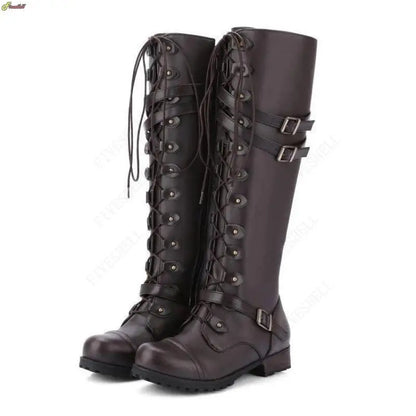 Women Medieval Knee High Boots Autumn Winter Lace Up Flat Shoes Sexy Steampunk PU Retro Buckle Shoes Ladies Snow Boots Cosplay