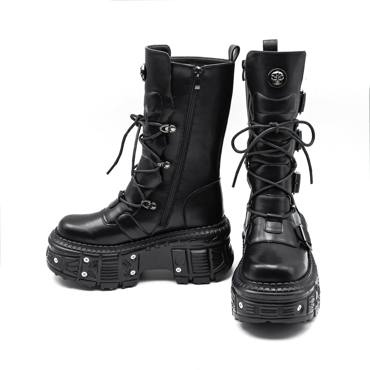 2024 New Brand Punk Style Women Shoes Lace-up Platform Shoes Woman Rock Boots Metal Decor Thick Bottom Street Shot Knight