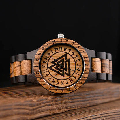 BOBO BIRD Viking Wooden Men Watch with Helm of Awe Unique Runic Circle Vegvisir Valknut Custom Wristwatch Norse Symbol Watches