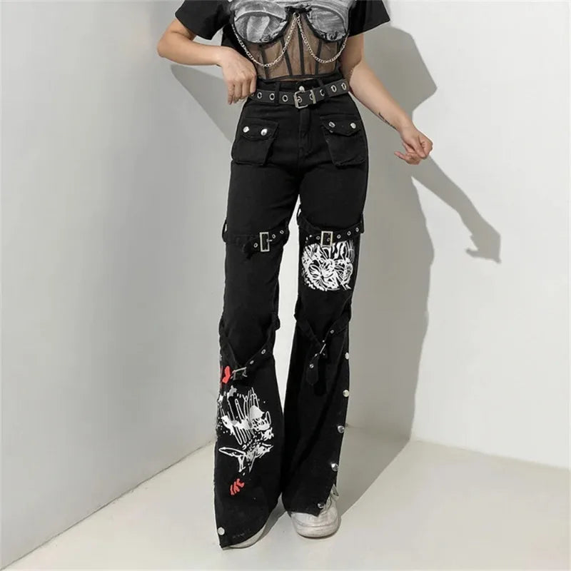 Women's Baggy Jeans with Eyelet Buckle, Denim Cargo Pants, Gothic Hippie Trousers, Dark Academic, Solid E Girl, Cyber Punk Goth,