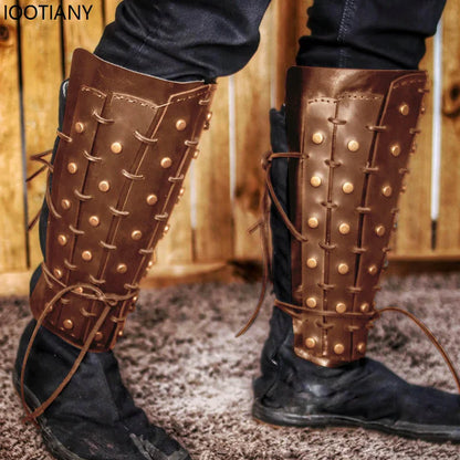 Halloween Viking Pirate Cosplay Greaves Boots Medieval Steampunk Warrior Legging Shoes Rivets Pu Kneepads Adjustable Shoe Covers