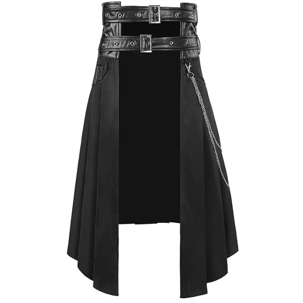 Cosplay Punk Pleated Skirt Men's Gothic Leather Belt Medieval Roman Warrior Kilt Metal Chian Asymmetry Black Halloween Costume