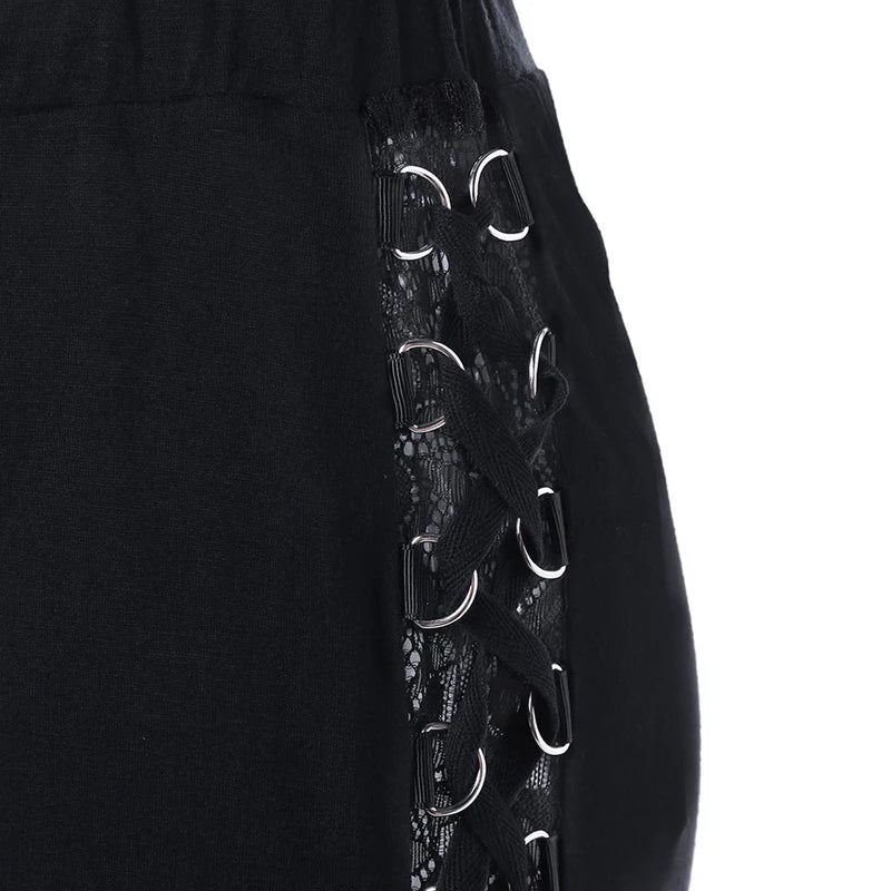 Gothic Black Lace Panel Flare Pants With Lace-Up Women High Waist Overlength Skinny Leggings Pleated Pull On Trousers