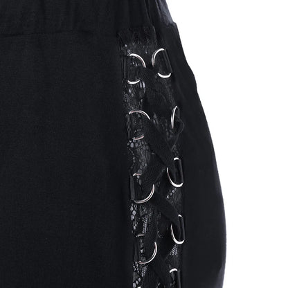 Gothic Black Lace Panel Flare Pants With Lace-Up Women High Waist Overlength Skinny Leggings Pleated Pull On Trousers