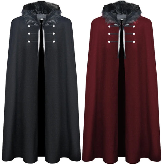 Medieval Punk Men Jacket Fur Hooded Trench Coat Woollen Winter Cape Halloween Jackets Man Woman Viking Pirate Cosplay Cloak