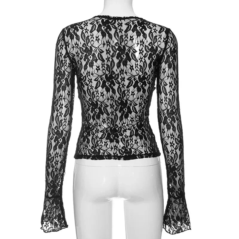 Sexy Goth Black Lace Crochet T-Shirts Women 2024 Fashion Summer 2000s Clothes Y2K Long Sleeve Sheer See Through Slim Tees Ladies