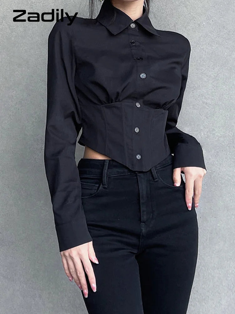 Women's Long Sleeve Folds ZA Shirt, Street Gothic, Slim Button, Ladies Crop Top, Club Blouse, Female Clothing, Summer, New, 2024