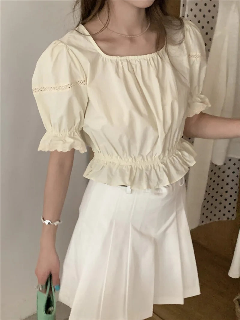 Lantern Sleeve White Ruffles Slash Neck Short Sweet Lolita Shirt Women Victorian Gothic Ladies Top Steampunk Vintage Clothes