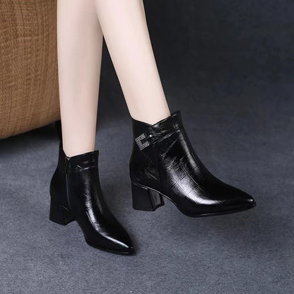 Pointed Toe Snow Ankle Boots for Women Crystal Mid Heels Shoes Retro Leather Chunky Boots Winter 2024 Trend Goth Zapatos Lady