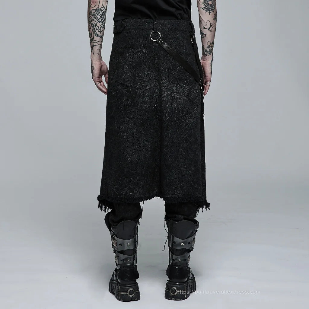 PUNK RAVE Men's Gothic Dark Textured Printed Stylish Kilt Decorated Which Is Detachable Leather Loop Party Club Men Skirts Pants