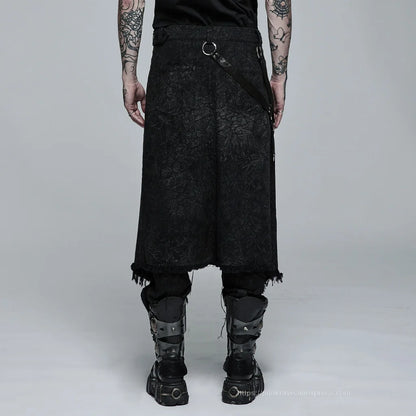 PUNK RAVE Men's Gothic Dark Textured Printed Stylish Kilt Decorated Which Is Detachable Leather Loop Party Club Men Skirts Pants