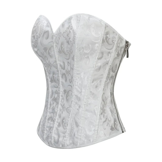 Women's WHITE Corset Top Gothic Vintage Flower Print Corselet Sexy Back Lace Up Side Zipper Waist Trainer Overbust Bustiers