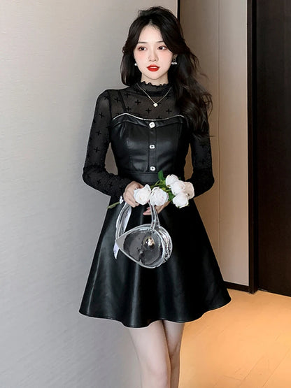 2022 Winter Vintage Gothic 2 Piece Sets Women Mesh Long Sleeve Floral Top + Leather Strap Dress Lady High Street Y2k Dress Sets