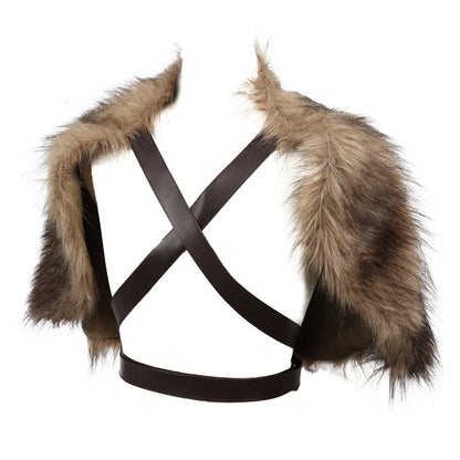 DAZCOS Medieval Faux Fur Wrap Collar Shawl Winter Shrug Cosplay Costume with Belt Viking Faux Fur Cape Shawl with Leather Straps