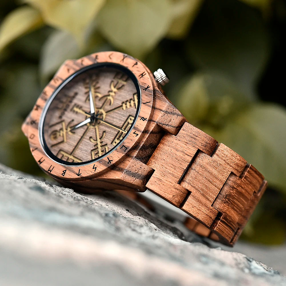 BOBO BIRD Viking Wooden Men Watch with Helm of Awe Unique Runic Circle Vegvisir Valknut Custom Wristwatch Norse Symbol Watches