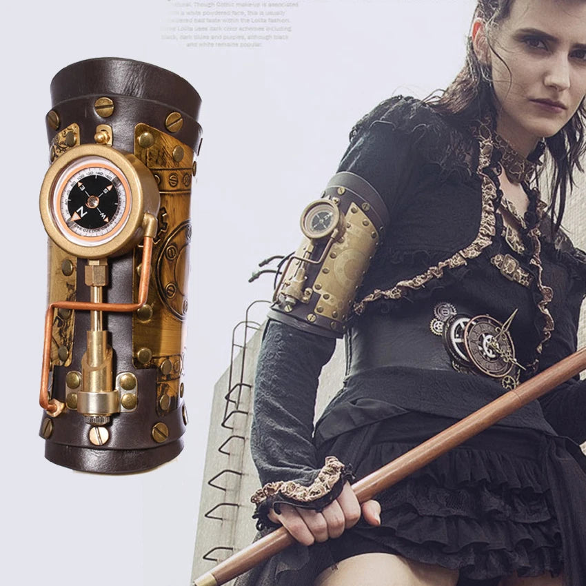 Gothic Medieval Steampunk Arm Bracelet Armlet Cosplay Anime Accessory Mechanical Vintage Compass Metal PU Leather for Woman