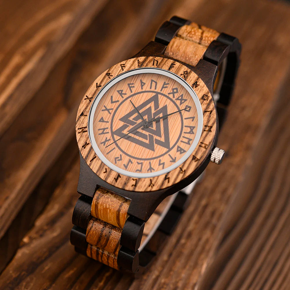 BOBO BIRD Viking Wooden Men Watch with Helm of Awe Unique Runic Circle Vegvisir Valknut Custom Wristwatch Norse Symbol Watches