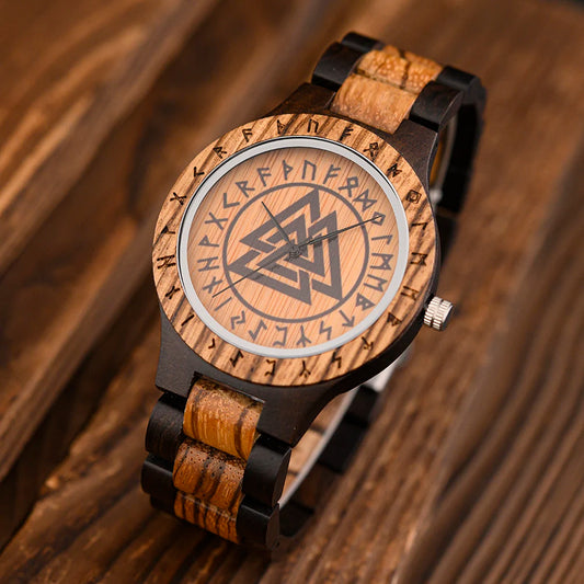 BOBO BIRD Viking Wooden Men Watch with Helm of Awe Unique Runic Circle Vegvisir Valknut Custom Wristwatch Norse Symbol Watches