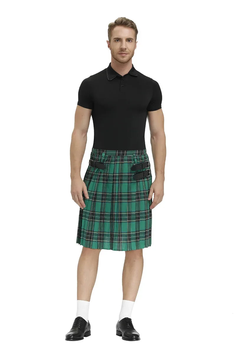 Men Scotland Kilt Traditional Plaid Belt Pleated Bilateral Chain Gothic Punk Hip-hop Avant Garde Scottish Tartan Pants Skirts