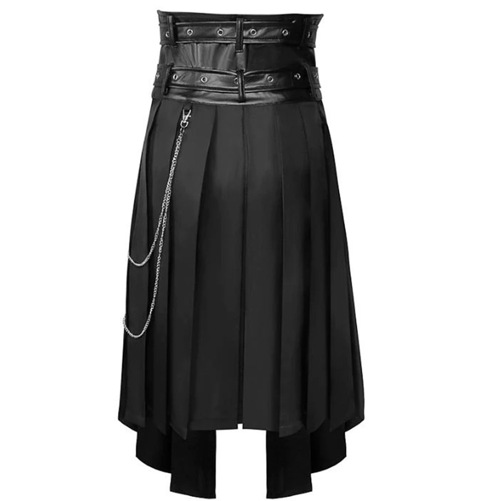 Cosplay Punk Pleated Skirt Men's Gothic Leather Belt Medieval Roman Warrior Kilt Metal Chian Asymmetry Black Halloween Costume