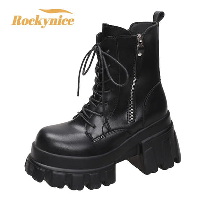 Women High Platform Ankle Boots 2023 Winter Thick Sole Motorcycle Boots 9.5CM Heels Chunky Metal Short Leather Sneakers Woman