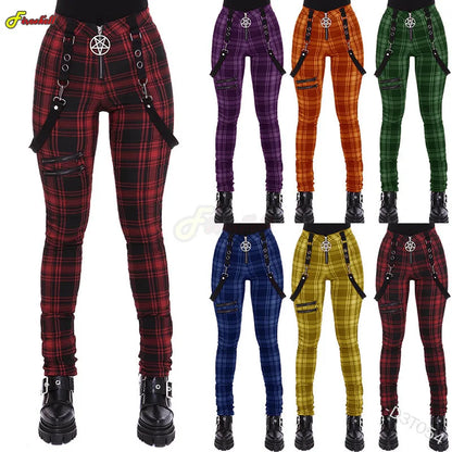 Women Cosplay Plaid Pants High Waist Gothic Punk Pant Medieval Streetwear Costumes Woman Zipper Y2k Long Bottoms Pants Trousers