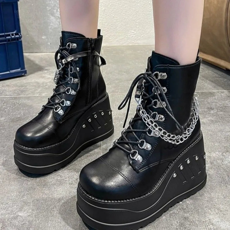 2024 New Boots for Women Fashion Hot Sale Punk Goth Platform Heels Wedge Women's Boots Casual Goth Punk Size 43 Women's Shoes