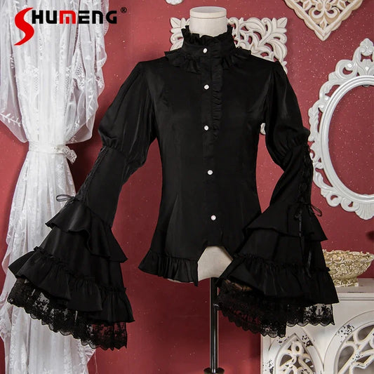 Vintage Elegant Lolita Shirt Female Autumn Slim-Fit Court Style Black Flare Sleeve Gothic Blouse Ladies Halloween Shirts Tops