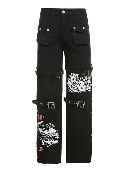 Rockmore Gothic Print Jeans Woman Low Waist Cargo Pants Hip Hop Buckle Jean Streetwear Punk Denim Trousers Goth Mall Grunge