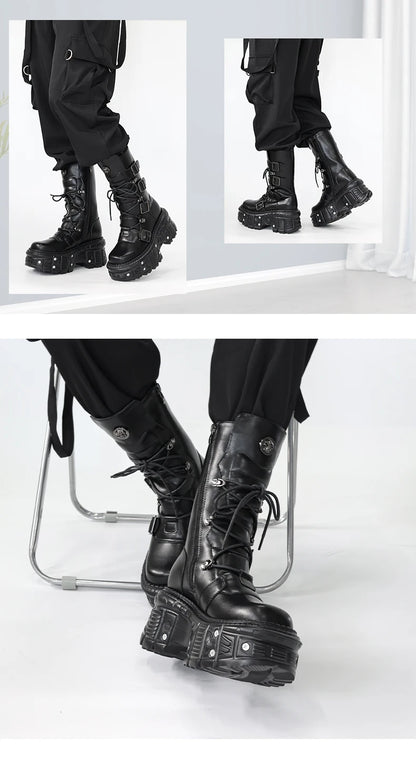 2024 New Brand Punk Style Women Shoes Lace-up Platform Shoes Woman Rock Boots Metal Decor Thick Bottom Street Shot Knight