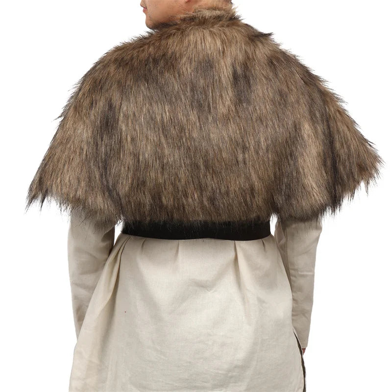 DAZCOS Medieval Faux Fur Wrap Collar Shawl Winter Shrug Cosplay Costume with Belt Viking Faux Fur Cape Shawl with Leather Straps