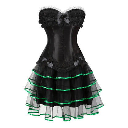 Gothic Corset Tutu Skirt Set Sexy Satin Lace Trim Overbust Corselet Top Women Burlesque Lingerie Bustier Victorian Party Costume