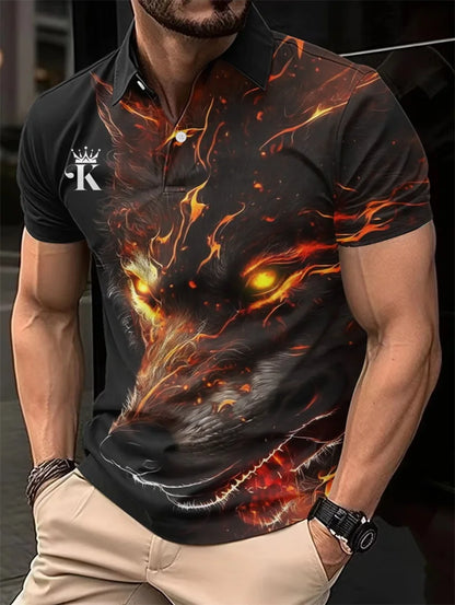 Plus Size Summer Golf Men's Casual Lapel Polo Shirt 3d Wolf Print T-shirt Fashion Clothing Breathable Short Sleeve Top