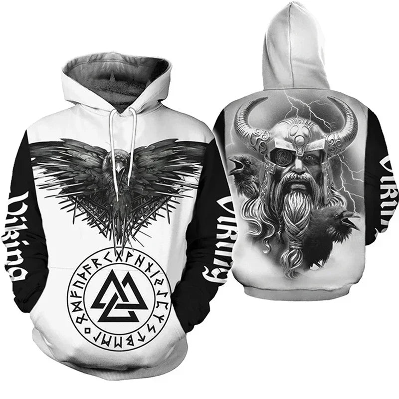 2024 Mens Hoodies Eagle Tattoo Pattern Vikings 3D Printed Fashion Casual Harajuku Hip Hop Autumn and Winter Oversized Sudaderas