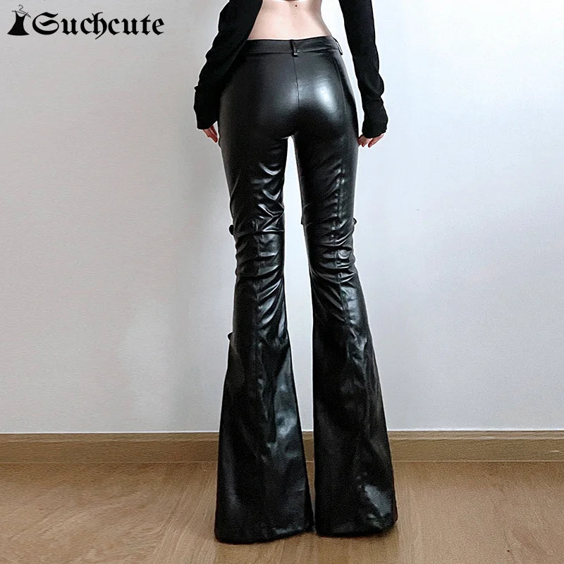 SUCHCUTE PU Leather Flare Pant Goth Buckle Lace Patchwork Pants Women Fashion Y2K Streetwear Vintage Aesthetics Casual Trouesrs