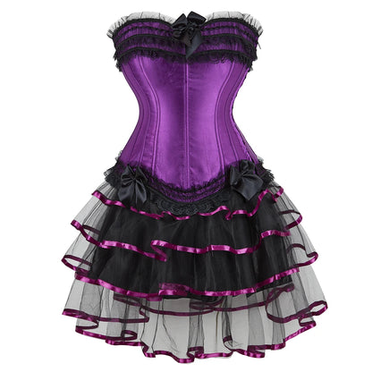 Gothic Corset Tutu Skirt Set Sexy Satin Lace Trim Overbust Corselet Top Women Burlesque Lingerie Bustier Victorian Party Costume